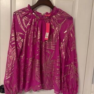 New with tags, Lily Pulitzer size medium, wild, fuchsia, palm, leaf silk top